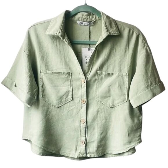Zara Tops - NWT ZARA Sage Green Short Sleeve Linen Blend Shirt Size XS